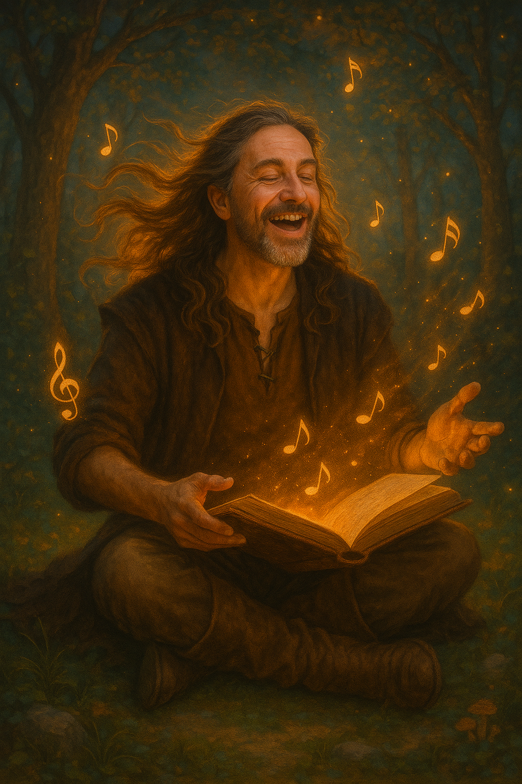 Barde joyeux lisant un livre enchanté, notes de musique flottant dans une lumière dorée