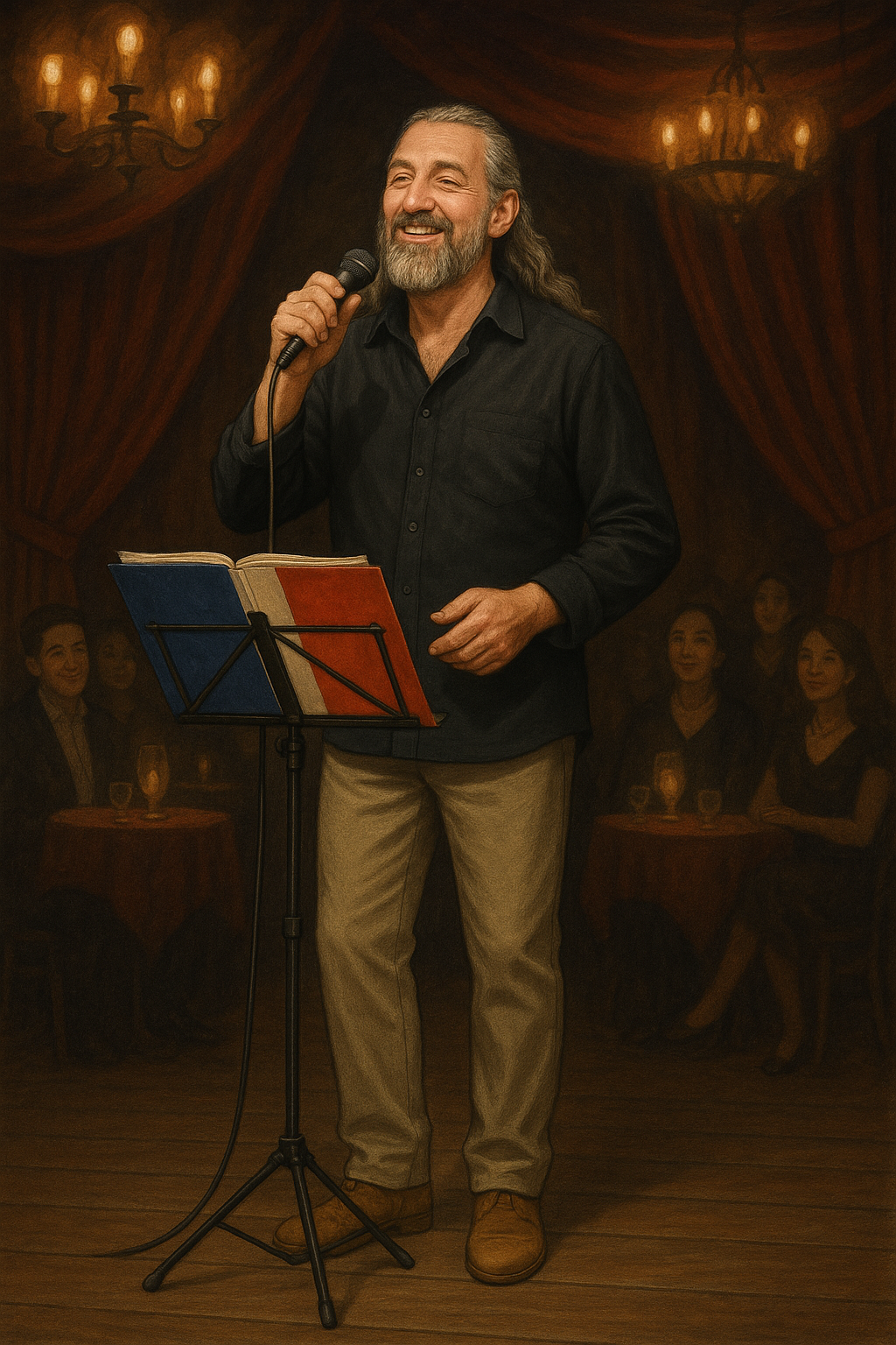 Chanteur interprétant une chanson française au micro, avec pupitre et recueil de textes tricolore. Léo Ferré, Les Innocents, Gerard Berliner...